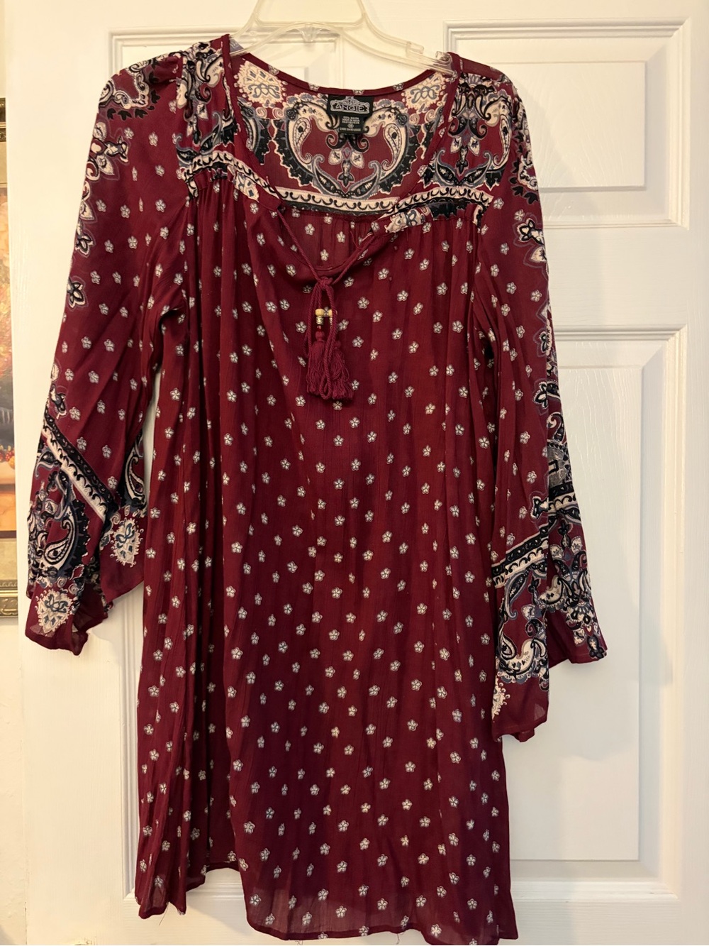 Angie Maroon Paisley-Print Mini Dress with Tassel Tie